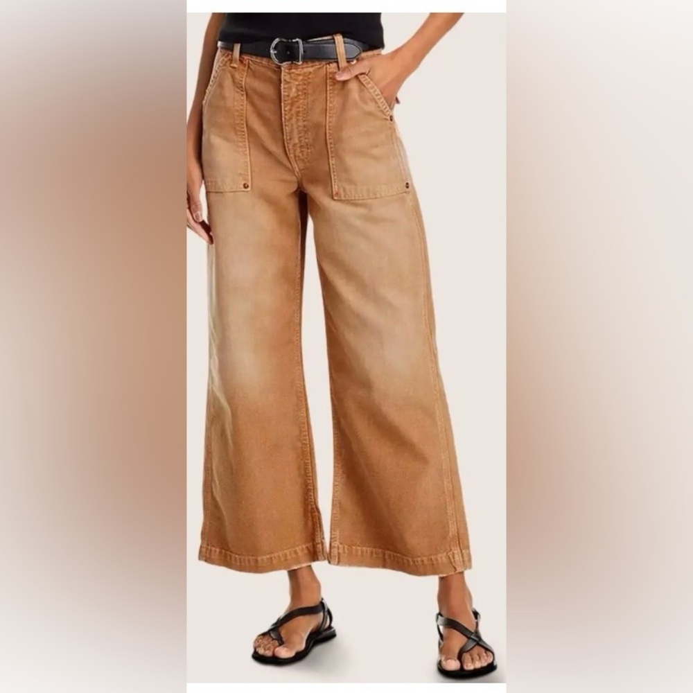 Flamingals Flap Pocket Back Mid Waist Wide Leg Crop Pants